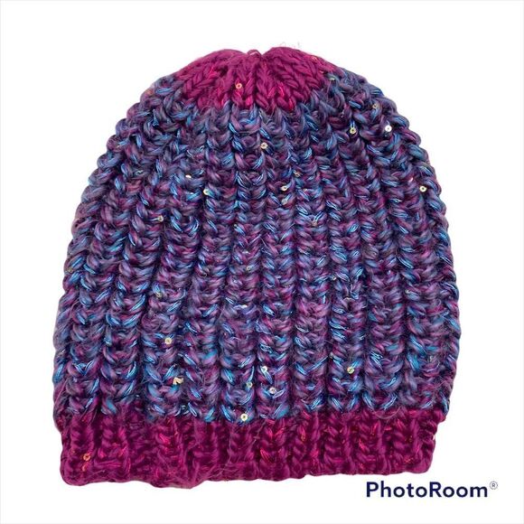 Girls Ruum Brand Knit Hat Size 5-7 Years Blue, Purple and Pink with‎ Sequins - Picture 3 of 5
